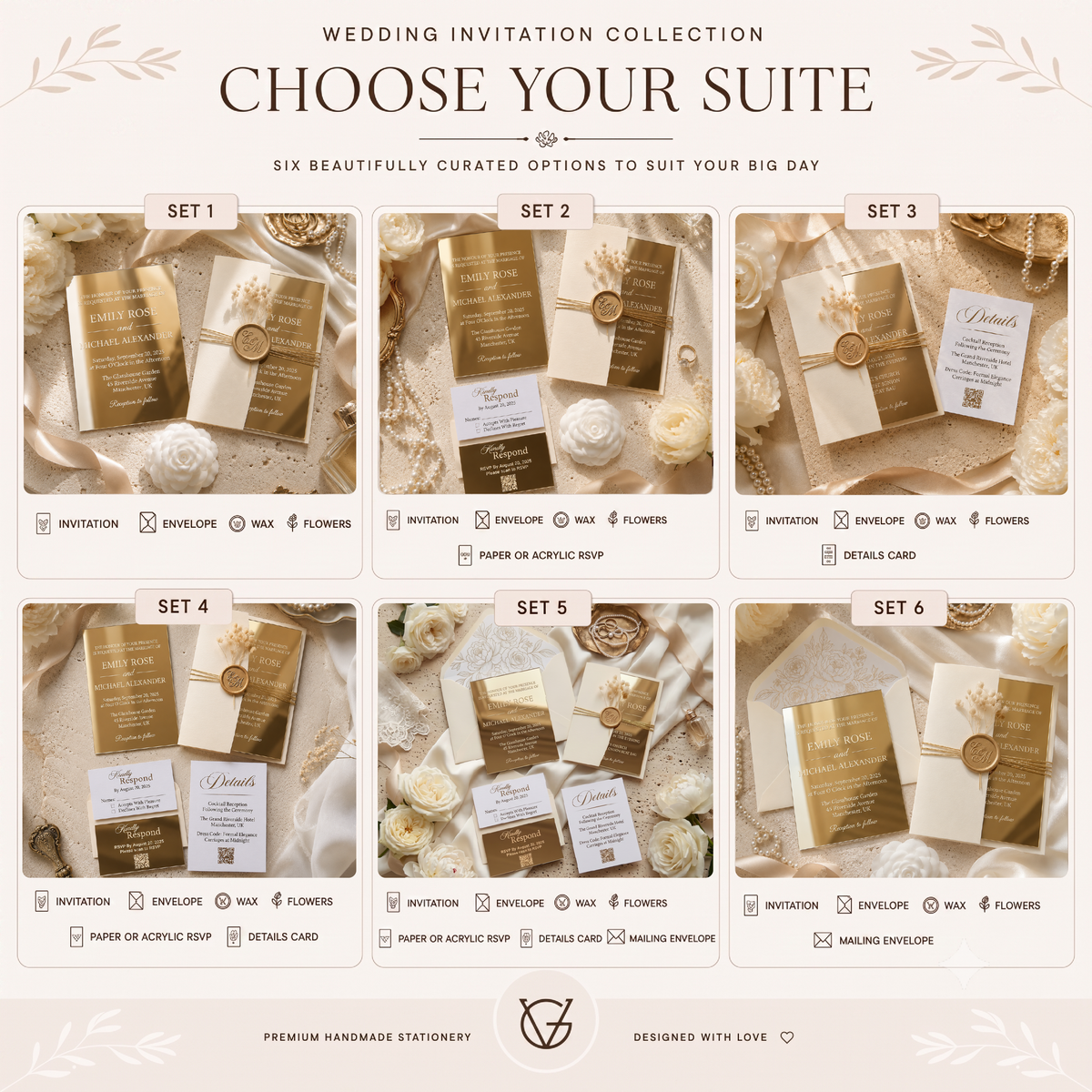 Gold Mirror Acrylic Wedding Invitation Suite, Personalized Wedding Invitations with RSVP QR Code, Luxury Gold Wedding Stationery, Details & RSVP Cards
