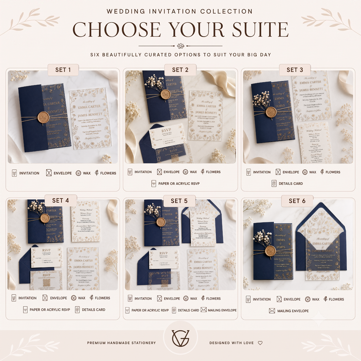 Luxury Clear Acrylic Wedding Invitation Suite, Personalized Gold Floral Wedding Invite with Navy Blue Envelope, RSVP & QR Code Card