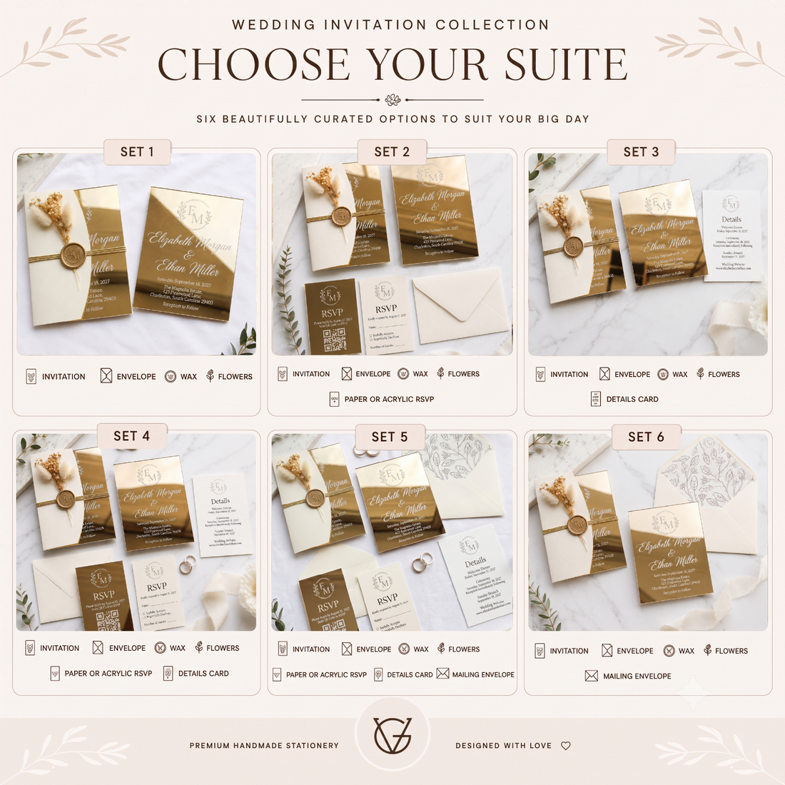 Luxury Gold Mirror Acrylic Wedding Invitation Suite, Personalized Wedding Invite with Cream Envelope, RSVP Card & Details Card