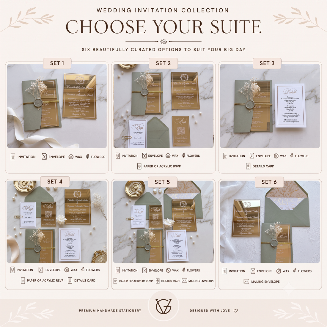 Luxury Gold Mirror Acrylic Wedding Invitations Suite, Sage Green Wedding Invites, Personalized RSVP & Details Cards, Quinceanera Invitation Set