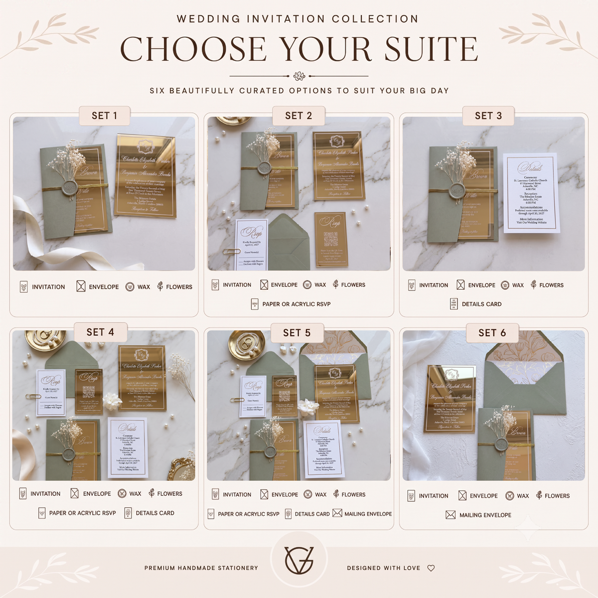 Luxury Gold Mirror Acrylic Wedding Invitations Suite, Sage Green Wedding Invites, Personalized RSVP & Details Cards, Quinceanera Invitation Set